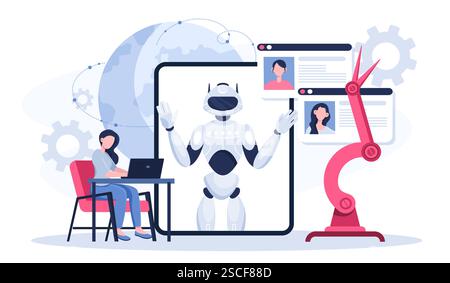 Robotik-Schulfach online. Frau mit Laptop in der Nähe des Roboters auf dem Tablet-Bildschirm. Moderne Technologien und Innovationen. Künstliche Intelligenz und Stock Vektor