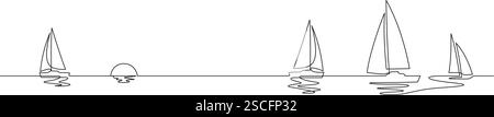 Segelboote eine Linie Zeichnung Minimalismus und Sonnenuntergang Vektor Illustration Kopierraum Stock Vektor