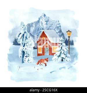 Fuchs in einer Winterlandschaft mit einem Blockhaus, einer hellen BergAquarellillustration. Hochwertige handgezeichnete ClipArt, perfekt für Karten und Poster Stockfoto
