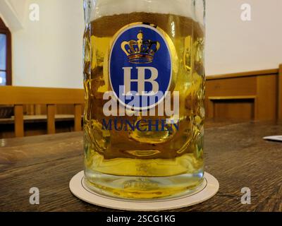Ein halbes Glas untergäriges Hofbräu-Originalbier im bayerischen Hofbrähaus in München. Stockfoto