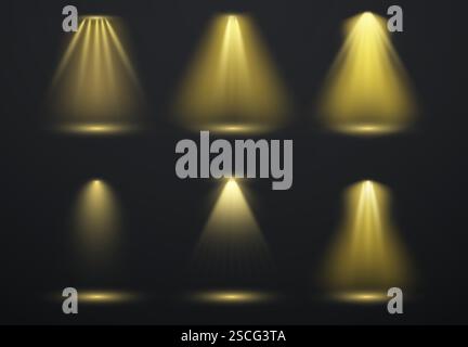 Leuchtend gelber Spotlight-Effekt mit Strahlen und Leuchtflecken für Bühne, Theater, Konzert oder festliche Kulissen. Vektorabbildung Stock Vektor