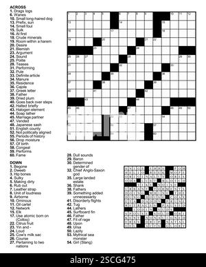 Kreuzworträtsel-Spiel mit 15 x 15 Quadraten mit Hinweisen und Lösung. Stock Vektor