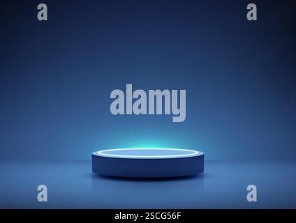 Futuristische, leuchtend blaue runde Plattform mit einem hellen Rand, vor einem dunkelblauen Hintergrund, perfekt für Technologiekonzepte, Produktdisplays, Stock Vektor