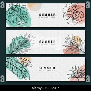 Sommer Hintergrund Clipart Banner Set. Sommer Hintergrund Clipart mit tropischen Blättern Umriss und abstrakte Design Vektor Illustration Feiertag Jahreszeit Stock Vektor