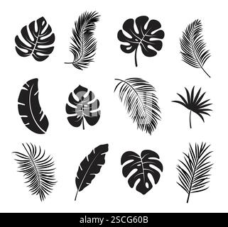 Clipart-Set mit tropischen Blättern. Tropische Blätter botanische Ikone und Symbol Clip Art Sammlung in schwarzer Linie Art Art Vektor Illustration. Stock Vektor