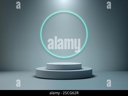 Futuristische, graue 3D-Plattform, die von oben beleuchtet wird, mit einem lebendigen zyanfarbenen Kreis, der einen auffälligen leuchtenden Akzent setzt, perfekt für Technologiekonzepte und -Modus Stock Vektor