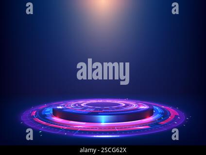 Futuristische, kreisförmige 3D-Plattform mit komplexen hud-Neonmustern in Pink, Blau und weiß, vor dunkelblauem Hintergrund, perfekt für Techn Stock Vektor