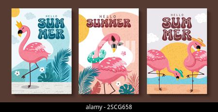 „Hello Summer Greeting Clipart“-Poster-Set. Sommer Text mit niedlichen rosa Flamingo Clip Art Sammlung in bunten abstrakten Hintergrund Vektor Illustration. Stock Vektor
