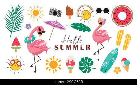Hello Summer Elements Clipart Set. Tropisches Sommerelement mit farbenfrohen Clip-Art wie Flamingo, Sonne, Schwimmer, Schirmschild und Symbol Stock Vektor
