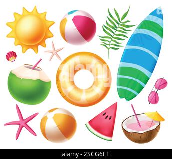 Summer Beach Elements Symbol Clipart Set. Clip-Art-Kollektion mit tropischen Elementen für den Sommer mit farbenfrohen Objekten wie Surfbrett, Floatern und Kokossaft Stock Vektor