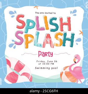Splish Splash Party Clipart Einladungskarte. Splish Splash Text Clip Art mit Strand grafische Elemente in blaue abstrakte Hintergrund Vektor Illustration. Stock Vektor