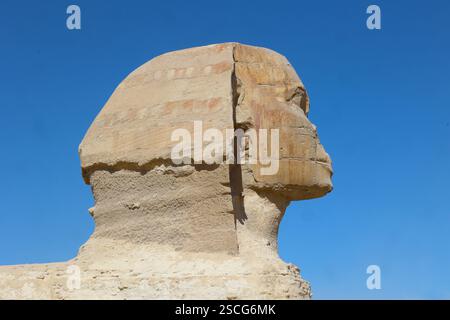 Seitenansicht des Kopfes der Sphinx-Statue in Ägypten im Pyramidenkomplex Stockfoto