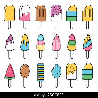 Clipart-Set für Popsicle Outline. Popsicle Zeichnung Icon Clip Art in bunter Farbe Hand gezeichnet flache Sommer Elemente Sammlung Vektor Illustration. Stock Vektor