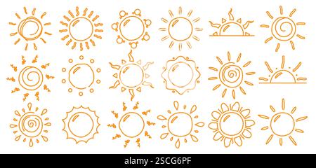 Sonnenkontur Clipart-Symbolsatz. Gelbe Sonne in der Hand gezeichnet, Zeichnung und Doodle Sonnenstrahlen Clip Art Vektor Illustration Sommer Symbol Sammlung. Stock Vektor