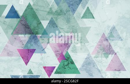 Farbenfrohe Retro-Grunge-Dreiecke mit abstraktem Tech-Hintergrund. Geometrische Minimalvektorkonstruktion Stock Vektor
