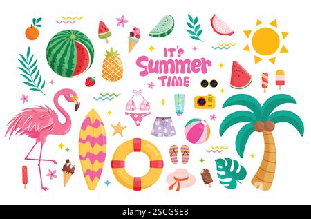Summer Time Elements Symbol Clipart Set. Clip-Art-Kollektion mit tropischen Elementen für den Sommer mit farbenfrohen Objekten wie Flamingo, Kokospalme und Wassermelone Stock Vektor