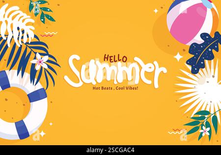 „Hello Summer Background Clipart“-Design. Hallo Sommer Grußtext im leeren Raum orange Rahmen Hintergrund mit weißen und blauen tropischen Elementen Stock Vektor