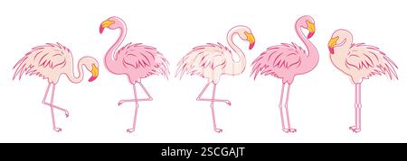 Flamingo Outline-Design mit Clipart-Design. Sommer rosa Flamingo Vogel Clip Art Zeichnung Skizze Sammlung Elemente Vektor Illustration. Stock Vektor