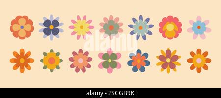 Grooviges einfaches Blumenset. Sammlung abstrakter Blumen im minimalistischen Stil. Geometrisches Blumenset. Abstrakte minimale Gänseblümchenelemente. Brutalistisch Stock Vektor