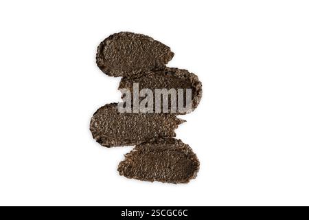 Eine Reihe brauner Farbmuster des Kaffeekörpers. Hautpflege-Kosmetik-Creme-Lotion Swatch-Abstriche auf weißem Hintergrund. Peeling Hygiene Beauty p Stockfoto