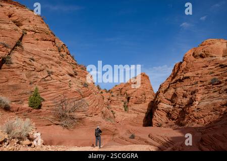 Ein einsamer Reisender steht zwischen den roten Felsen am Wire Pass und Buckskin Gulch an der Grenze zu Arizona, Utah. Umgeben von hoch aufragenden und erodierten roten Felsen. Stockfoto