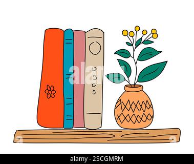 Bücher im Regal mit wilden Blumen in der Vase Stock Vektor