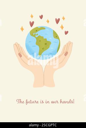 Niedliche Landtagskarte, Ökologie. Hände, die den Planeten halten. Vektorabbildung Stock Vektor