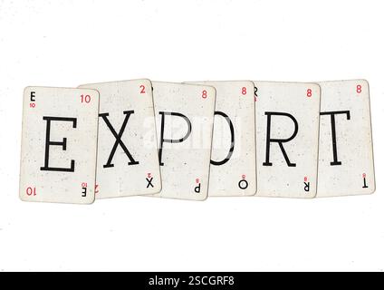 Vintage-Wortspiel-Spielkarten, die EXPORT auf weißem Hintergrund schreiben. Stockfoto