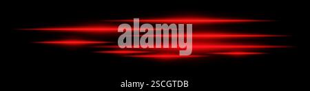 Rot leuchtende Lichtstreifen auf schwarzem Hintergrund. Horizontale Neonstrahlen sorgen für einen futuristischen und schnellen Bewegungseffekt. Technologie, Science-fiction, Digital e Stock Vektor