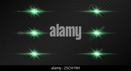 Set mit leuchtend grünen Objektivfackeln auf dunklem, transparentem Hintergrund. Strahlendes Licht mit horizontalen Strahlen erzeugen einen hellen, futuristischen Effekt. Sc Stock Vektor