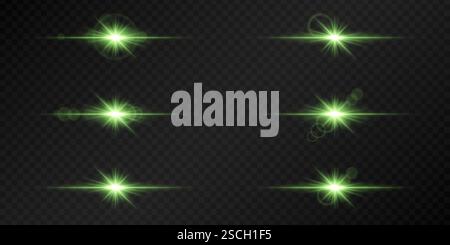 Set mit leuchtend grünen Objektivfackeln auf dunklem, transparentem Hintergrund. Strahlendes Licht mit horizontalen Strahlen erzeugen einen hellen, futuristischen Effekt. Sc Stock Vektor