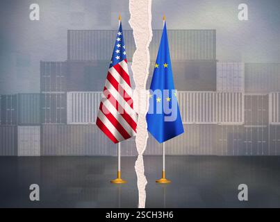 Hintergrund des Handelsstreitkonzepts zwischen der EU und den USA. Amerika, Handelskrieg der Europäischen Union Stockfoto
