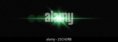 Hellgrüne Linsenblende mit Strahlungsstrahlen und Lichtringen auf dunklem, transparentem Hintergrund. Horizontaler Lichteffekt symbolisiert Beleuchtung, Energie, Stock Vektor