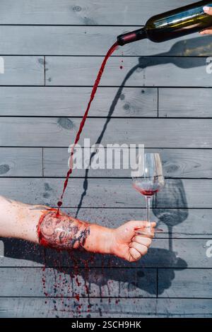 Eine optisch eindrucksvolle Komposition aus Rotwein, die durch einen tätowierten Arm in ein Glas gegossen wird, wodurch ein surrealer und künstlerischer Effekt entsteht. Ein kühner und unauffälliger Stockfoto