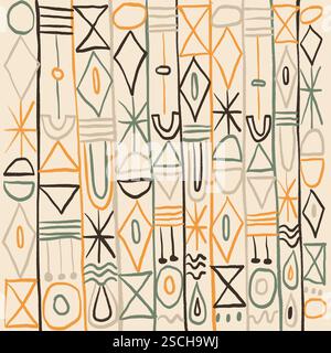Handgezeichnete geometrische Motive, inspiriert von Wüstenkultur und neo-primitiver Kunst, mit Erdtönen in Orange, Grün und Beige in einer rhythmischen vertica Stockfoto