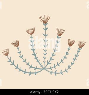 Elegante künstlerische Illustration mit symmetrischen floralen Elementen mit zarten Blumen und Blättern, gestaltet in weichen Pastelltönen auf einem neutralen Hintergrund Stockfoto