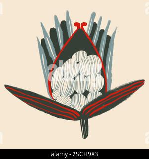 Eine künstlerische Illustration einer Protea-Blume, die in kräftigen, kontrastierenden Farben mit abstrakten, stilisierten Formen und schwungvollen Linien dargestellt wird Stockfoto