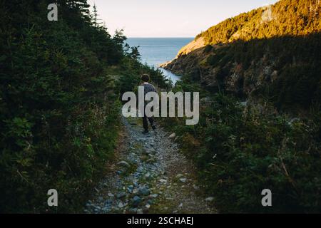 Rückansicht eines nicht erkennbaren Mannes, der einen felsigen Pfad inmitten von üppigem Grün am Shoe Cove Beach wandert, der zu einem ruhigen Blick auf die Küste auf die Sonnen führt Stockfoto