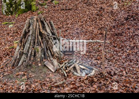 Ein rustikales Lagerfeuer in einem magischen Wald mit trockenen Blättern, die den Boden bedecken. Ein Wasserkocher hängt über einem kleinen Feuer, umgeben von gestapelten Baumstämmen Stockfoto