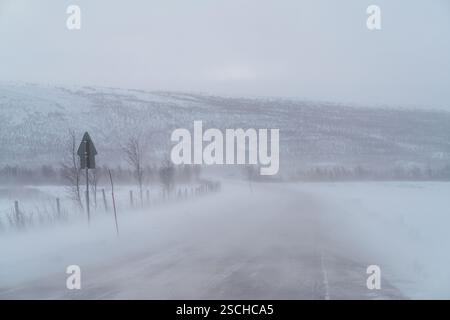 Ein Schneesturm umgibt eine abgelegene Straße in Schwedisch-Lappland und verdeckt entfernte schneebedeckte Hügel und Straßenzäune. Die Winterlandschaft ist schroff und atmo Stockfoto