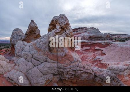 Die dramatische Landschaft von White Pocket, Arizona, mit komplexen Felsformationen mit rot-weißen, wirbelnden Mustern unter einem bewölkten Himmel. Stockfoto