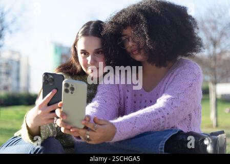 Zwei Freunde sitzen auf Gras und machen Selfies mit ihren Smartphones. Sie genießen einen sonnigen Tag im Freien und tragen legere Pullover. Stockfoto