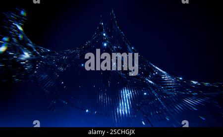 Eine faszinierende 3D-Illustration, die eine Welle von binärem Code darstellt, beleuchtet vor einem tiefblauen Hintergrund. Dieses digitale Kunstwerk verkörpert futuristische und Stockfoto