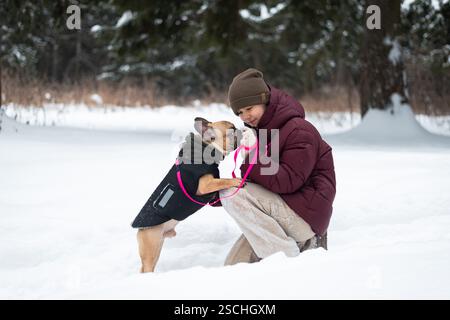 Ein Mädchen in einer warmen Jacke macht mit seinem Hund einen Winterspaziergang in einem verschneiten Wald. Der Hund trägt ein Fell, steht auf den Hinterbeinen und wirkt mit warmem Witz Stockfoto