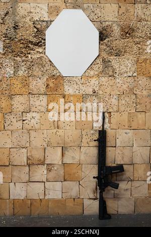 Schießen auf einem Schießstand mit Waffen, Ziel mit einer Kugelfalle und einem taktischen Gewehr. Vertikales Foto. Stockfoto