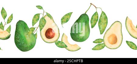 Nahtloser Rand mit Avocado, sowohl ganze als auch geschnittene Früchte mit Blättern. Aquarell, Markierungsbilder. Handgezeichneter isolierter Hintergrund. Gemüse Stockfoto