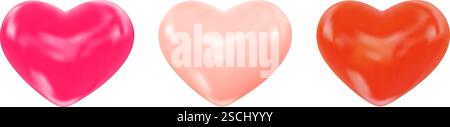 Set aus 3D-Hochglanzherzen in Pink, Orange. Symbol der Liebe, romantische Beziehungen. Vektor-Illustration für Hochzeitsdesign, romantische Grußkarte Stock Vektor