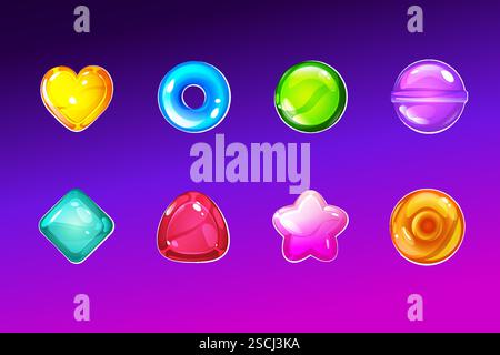 Set aus harten Süßigkeiten, Dragoon, Lutscher, Karamell, Gelee, Mint in verschiedenen Formen und Farben Stock Vektor