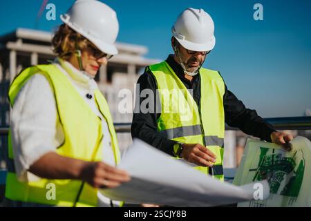 Architekten, die Baupläne in Sicherheitsausrüstung auf der Baustelle überprüfen Stockfoto