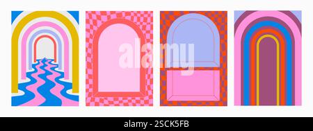 Abstraktes psychedelisches Retro-Muster-Set. Groovige Hintergründe in lebendigen Farben. Trendige, flippige Vektortexturen im abstrakten y2k-Stil. Vektorgrafik für Stock Vektor